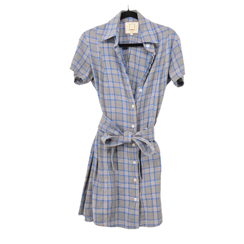 Bell Womens Plaid Shirt Dress Grey Blue Short Sleeve Tie Waist Size S Retro